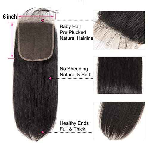 6X6 Closure Huamn Hair Hd Preplucked Straight Closure 6 By 6 Transparent Lace Virgin Brazilian Human Hair 150% Density With Baby Hair 6X6 Lace Closure Only Natural Color 20 Inch
