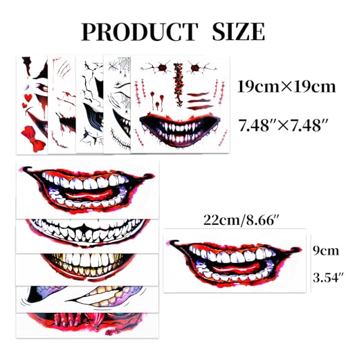 Halloween Scary Face Tattoos, 11 Sheets Waterproof Stickers