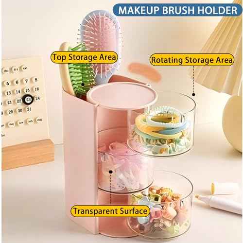 Hair Accessories Organizer with Hair Brush Holder, Rotatable Makeup Brush Holder for Necklaces, Earring, Bracelet, Ring, Makeup Brushes, Hair Clip and Hair Accessories (Pink, 3-Layer)