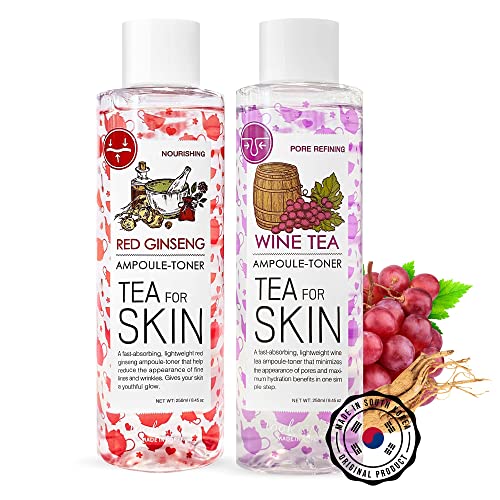 Korean Toner for Face, Wine Tea & Red Ginseng Essence Toner 2pcs Set, Hydrating Toner Korean, Alcohol Free, for Acne, Oily, Combination or Dry Skin, Low pH Balancing & Pore Minimizing Toners for Women