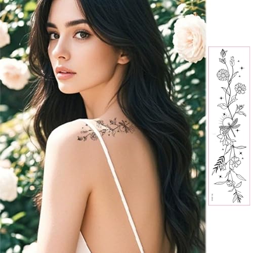 Floral Temporary Tattoos Long Black Butterfly Wild Flower Waterproof Fake Tattoos 10 Sheets Body Art Stickers for Women(Black flowers-10A)