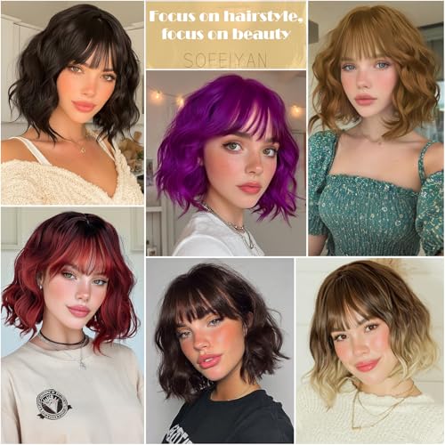 Sofeiyan 12 Inch Wavy Brown Ombre Blonde Bob Wig with Bangs
