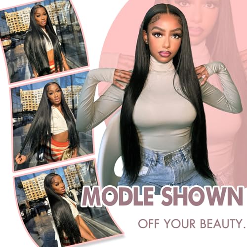 Vorynix 32 Inch Natural Black Human Hair Lace Front Wig 13x6 HD Transparent, Pre-Plucked, 200% Density, Glueless, Straight Style
