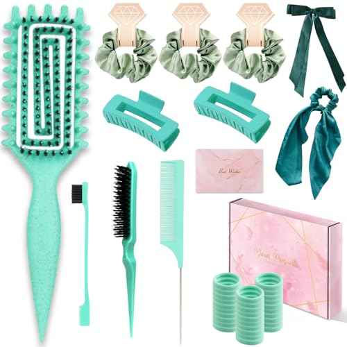 Curly Hair Brush,Curl Defining Brush plus 43 Pieces Hair Styling Comb Set(Slick Back Hair Brush,Rat Tail Comb,Edge Bristle Brush) Lightweight Vented for Combing, Shaping, Styling(Green)