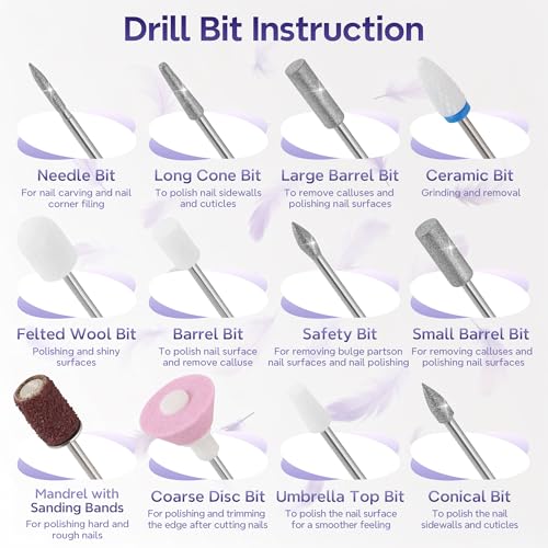 Breosic Pinkish Purple Electric Nail Drill Kit with 12 Bits for Gel & Acrylic Nails