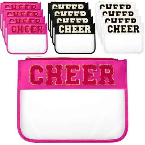 Aliceset 12 Pcs Cheer Chenille Letter Bags, Clear Makeup Cosmetic Bag for Cheerleader Gifts, Preppy Patch Zipper Pouch, Waterproof PVC Travel Toiletry Organizer Women Girls (Black, White, Hot Pink)