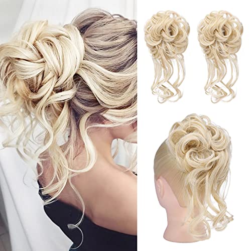 HOOJIH Messy Bun Hair Piece 2PCS Tousled Updo Light Blonde