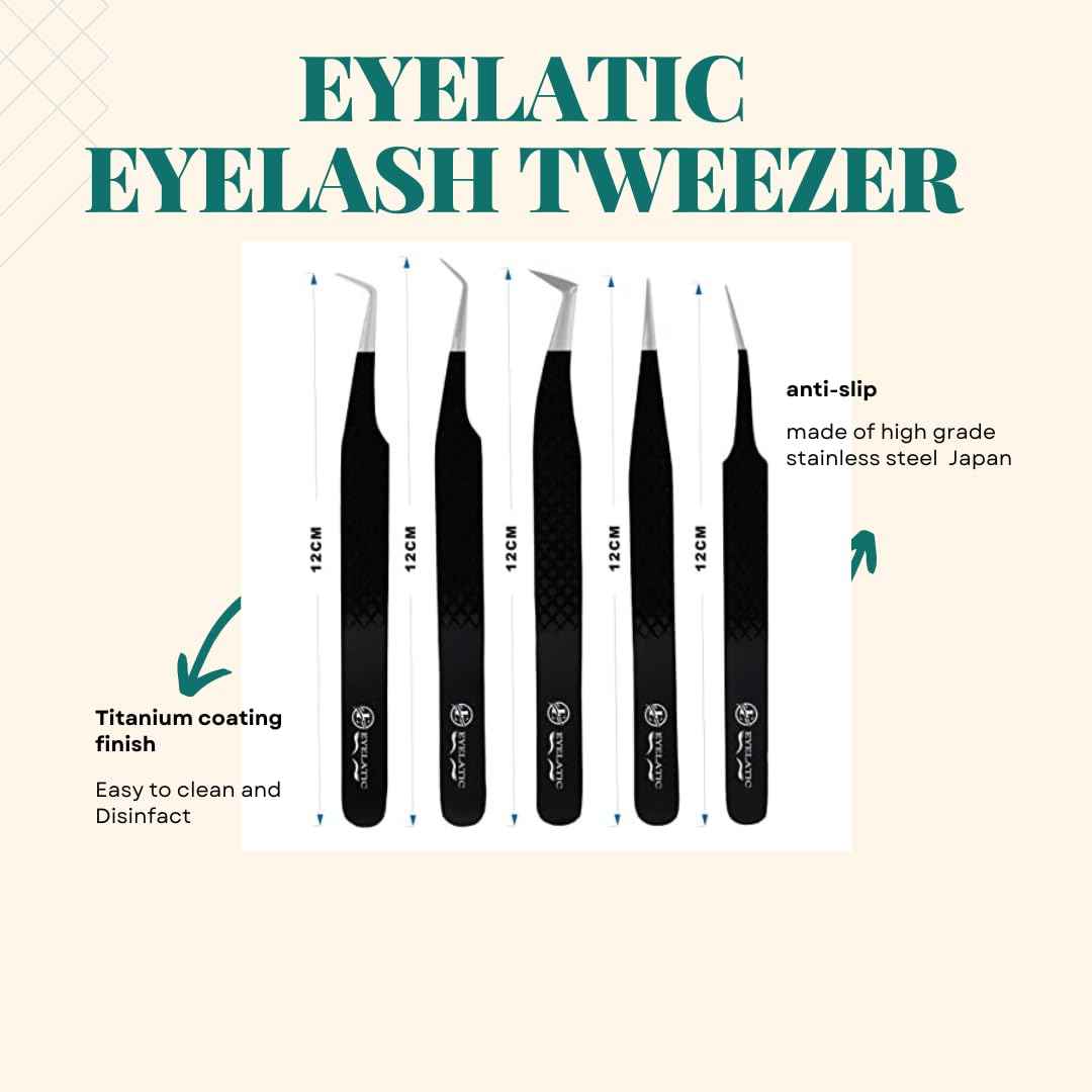 GENERIC Tweezers For Eyelash Extensions Tweezers Set of 5, Japanese Stainless Steel, Straight Curved 45 90 Degree Volume Eyelash Tweezers - BLACK