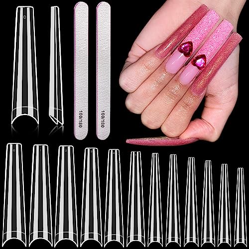 600 Pcs Extra Long Clear Acrylic Nail Tips, AITRAI 3XL No C Curve Coffin Nail Tips for Acrylic Nails Professional Half Cover Acrylic Fake Nails Tips with 2pcs Nail Files for Nail Art DIY,12 Sizes