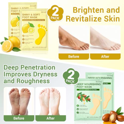 BESNEL 8 Pack Moisturizing and Exfoliating Foot Masks for Dry Cracked Feet