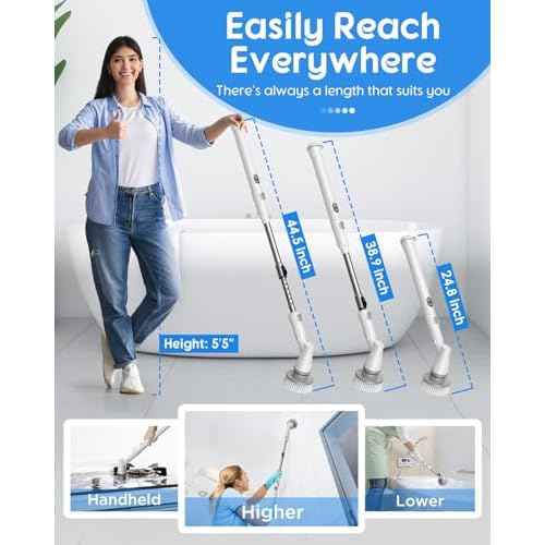 Electric Spin Scrubber with Big Display, Fast Charging Cordless Cleaning Brush with Adjustable Long Handle, 2 Speeds & 4 Replaceable Brush Heads, 1.5H Runtime Shower Scrubber for Deep Cleaning