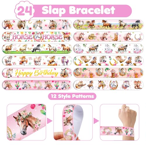 48PCS Floral Horse Party Set - 24PCS Temporary Tattoos & 24PCS Slap Bracelets - Cute Horse-Themed Birthday Supplies, Baby Shower Gifts, Classroom Rewards & Party Decor for Kids (Boys & Girls)