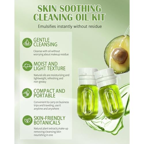 Makeup Remover Oil Portable Kit-7 Pcs Mini Travel Size Bottles Cleansing Oil for Face,Skincare Small Makeup Remover Oils,Deep Cleaning without Clogging Pore,for Dry & Neutral Skin (Green)