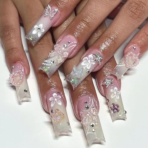 French Tip Press on Nails Long Coffin Fake Nails with Stars Designs Pink & Red Full Cover Nails Press ons 3D Glue on Cute Nails Glossy Rhinestones Stick on Nails for Women 24 Pcs