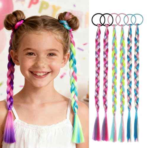 Hair Extensions for Braids Colorful Crazy Hair Day Accessories for Girls Colored Braids for Kids, 6Pcs
