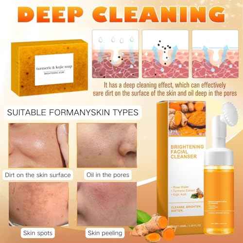 4PCS Turmeric Wash and Cleaning Care Three Piece Kit,Turmeric Trio: Facial Wash, Turmeric Soap Bar & Turmeric Cleansing Exfoliating Pads, Face & Body Cleansing Skincare Set