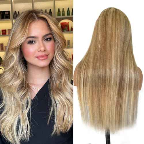 Belaved 24 Inch Highlight Ombre Medium Brown Lace Front Wigs Human Hair Mix Blonde 13x6 Long Straight Balayage Blonde with Brown Roots 180% Density HD Lace Frontal Wig for Women Pre Plucked 8B60A
