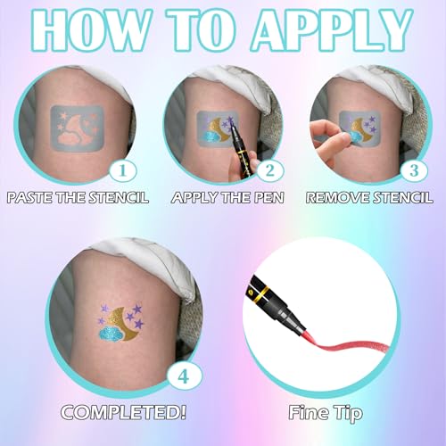 Temporary Tattoo Markers with Stencils - 12 Metallic Pens & 169 Designs