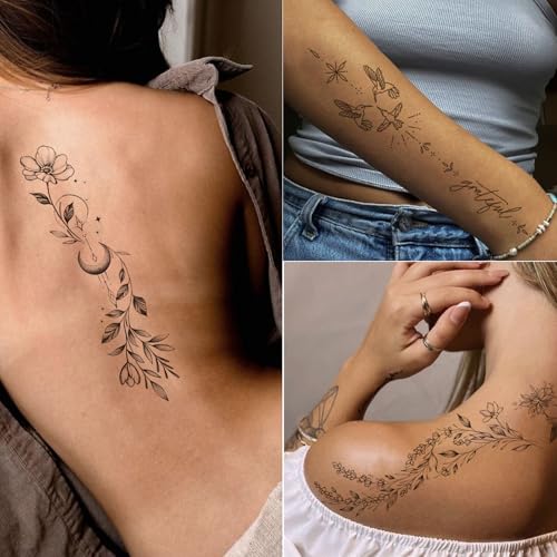 Tazimi Temporary Tattoos For Women Girls-24 Sheets Branch Flower Leaf Wild Plants Sketch Realistic Long-lasting Tattoo Stickers Waterproof Tattoo Sets for Arm Collarbone Leg Backbone Body Art