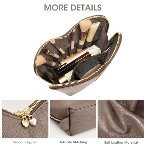Kattee Leather Makeup Bag, Travel Large capacity Comestic Bag for Women, Heart Shaped Portable Organizer Toiletry Bag for Working,Khaki