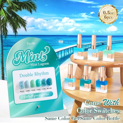 Double Rhythm 6 Pcs Gel Nail Polish Set - Mint Green Cat Eye & Glitter