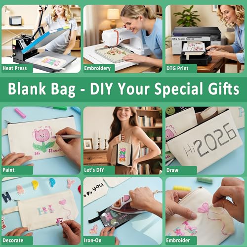12PCS Canvas Makeup Bags Bulk, 12x8'' Large 12Oz Thick Cotton Canvas Zipper Pouches for Cosmetic Toiletries Oragization, Plain Beige Makeup Bag to Personalize (Beige, L, 12.2x7.4x 2.7'')