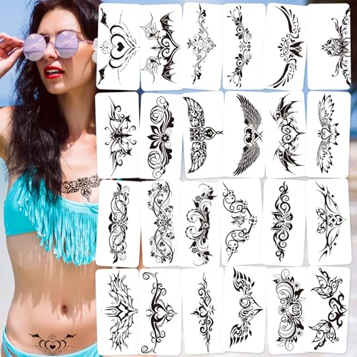 24-Sheet Naughty Girl Tattoos - Black Wing Temporary Tattoos for Women Ladies Girls - Sexy Flower Designs for Lower Back, Legs & Body - Waterproof Fun Body Art Fake Tattoo