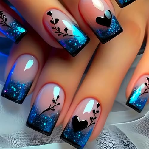 Short French Tip Press on Nails with Blue Glitter Hearts - 24PCS