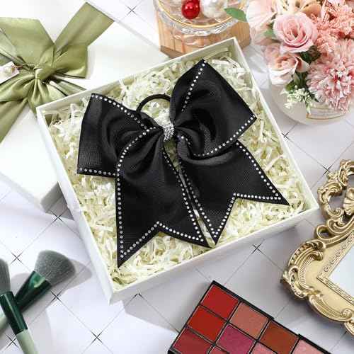 2 Packs Jumbo Cheerleading Bow 8 Inch Large Cheer Hair Bows with Ponytail Holder for Teen Girls Softball Outfit Uniform(Rhinestone Black)