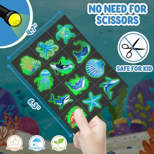 72 PCS Ocean Sea Party Favors ? 48 PCS Luminous Tattoos & 24 PCS LED Finger Lights Combo ? Birthday Goodie Bag Fillers, Party Supplies, Gifts Light Up Toys Glow In The Dark for Boys and Girls