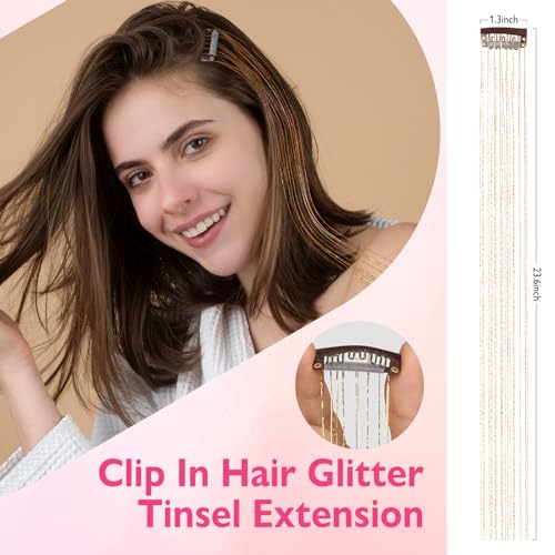 Pack of 18 Pcs Clip in Hair Tinsel Kit, 23.6 Inch Heat Resistant Glitter Tinsel Hair Extensions, Fairy Hair Sparkle Strands Party Birthday Gift Hair Accessories for Women Girls Kids(Gold)