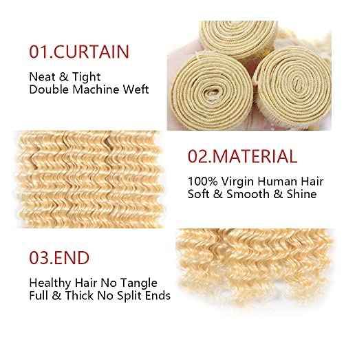 613 Deep Wave Bundle Blonde Human Hair 3 Bundles Brazilian Unprocessed Virgin Hair Extensions Double Weft Bundle For Women 26 28 30 Inch