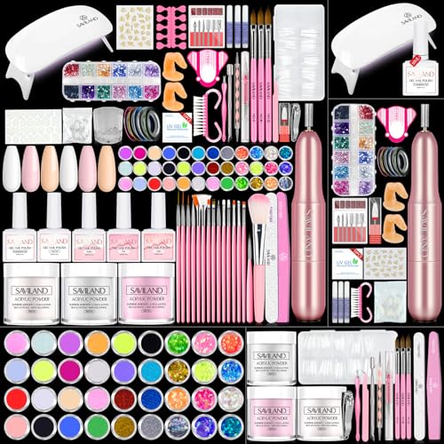 Saviland Nails Kit Acrylic Set with U V Light and Drill - Nail Kit Set Professional Acrylic with Everything for Acrylic Nails Acrylic Powder Set for Home DIY Salon (Without Acrylic Liquid)