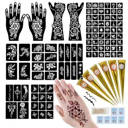 95 PCS Temporary Tattoos Stencils Kit,Temporary Tattoos Kit - 6 Pcs 3 Color(black*1,brown*4 & Red*1) Ink with 6 removal wipes,10 disposable cotton swabs DIY Body Art Painting for Women Men Adults Kids