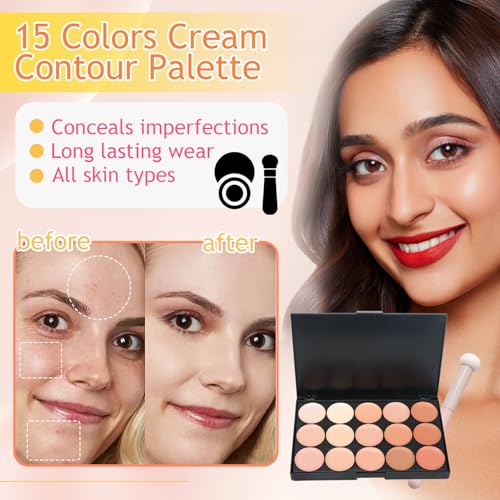 15-Color Cream Contour Palette with Makeup Sponge - Full Coverage Concealer