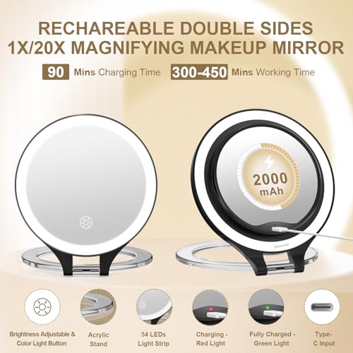 Mocado 20X Magnifying Makeup Mirror with Light, Rechargeable