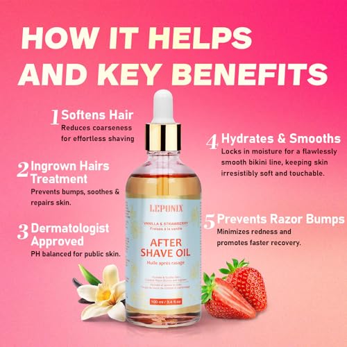 LEPONIX After Shave Oil for Women - 2025's Strawberry Vanilla Revolution (Not Grandma's Shave Oil) - Post Shave Treatment Prevents Ingrown Hairs & Razor Burn - Razor Bumps Treatment for Women - 100ml