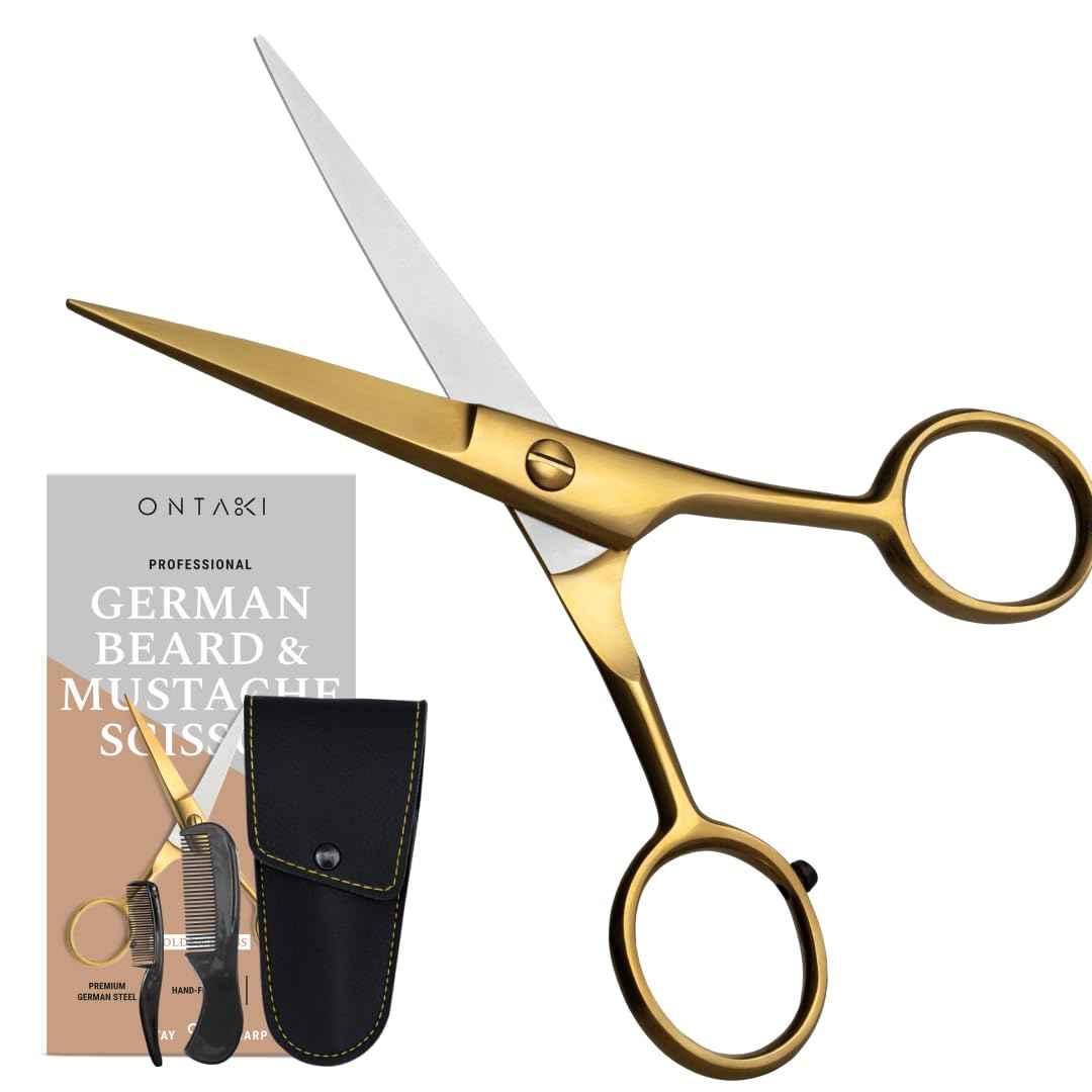 Ontaki Brass Grooming Kit - 5 in, Golden Brass - Beard Trimming Scissors, Mustache Comb & Beard Comb, Carrying Pouch