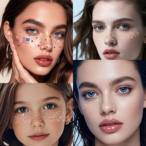 Boko 10Pcs Patriotic Temporary Tattoos, Red White Blue Independence Day Freckle Tattoos for Freckle Makeup, Waterproof Fake Freckles Makeup Patches for 4th of July Memorial Day Veterans Day Flag Party