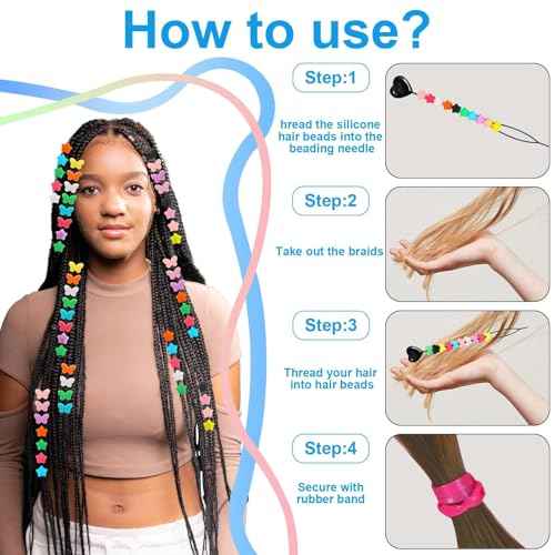 Waldeinsamkeit 200 Silicone Hair Beads Set 5mm Butterfly Star Hair Beads 10 Colors for Girls Braids 2 Plastic Quick Beaders 100 Elastic Rubber Bands Soft Micro Silicone Hair Beads for Braids