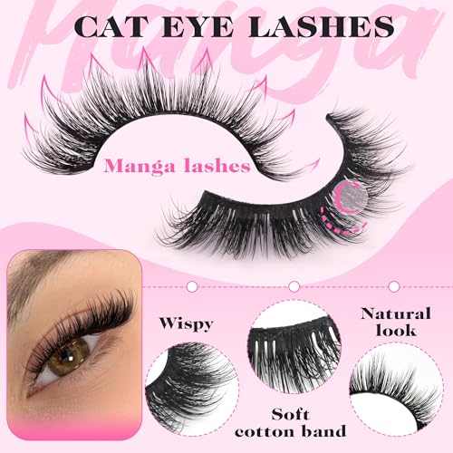 False Eyelashes Cat-Eye Look Wispy Lashes 15mm 3D Manga Lashes Natural Look D Curl 10 Pairs Pack Faux Mink Lashes