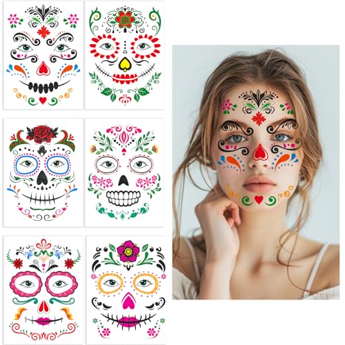 Day of Dead Glitter Tattoos - 6 Sheets Skeleton Face Stickers