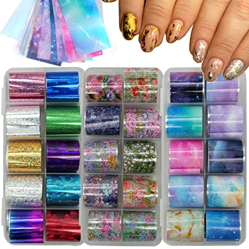 LoveOurHome 30 Sheet Nail Art Foil Transfer Stickers Decals Designer Flower Starry Sky Holographic Nail Foils Fingernail Tattoos Manicure Decor for Acrylic Nails DIY (Flower)