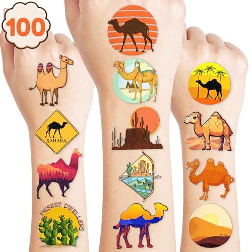 Desert Temporary Tattoos Camel Party Decorations Favors Supplies Summer Themed Cute Stickers 10 Sheets 100 PCS Gifts for Baby Girls Boys Class School Carnival