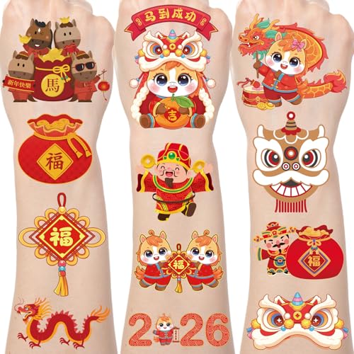 Chinese New Year Temporary Tattoos, 200+ Chinese New Year Decorations Favors Supplies 2026, Horse Lunar New Year Tattoo Stickers Gifts, Red Envolopes Holiday Festival Supplies Rewards Prizes