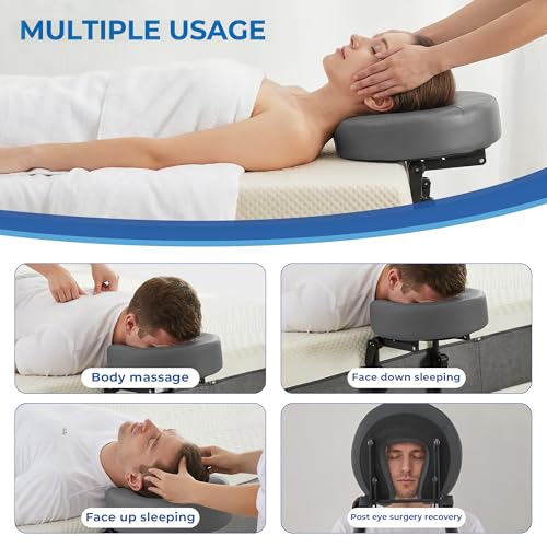 Massage Headrest for Bed, Foldable Adjustable Massage Memory Foam Face Cradle, Portable Head Rest Attachment for Mattress, Waterproof Leather Home Bed Massage Head Holder with Face Pillow
