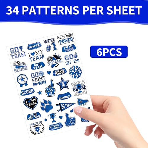 Dark Blue Team Spirit Temporary Tattoos - 170+ Team Spirit Tattoo Decorations, Sport Party Favors Supplies, Cheerleading Glitter Sport Game Stickers for School Event(6 Sheets)