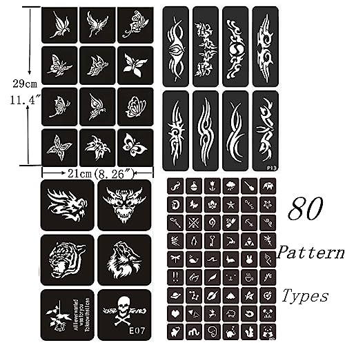 Temporary Tattoo Markers + 80 Stencils, 10-Count Body Art Pens