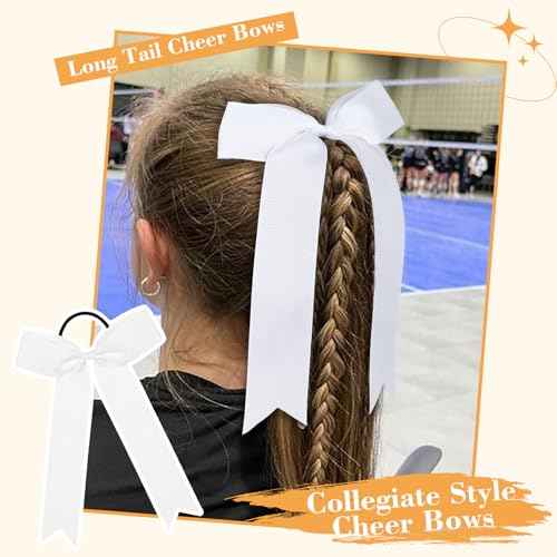 CEELGON 20 PCS College Style Cheer Bows Collegiate Long Tail Skinny Cheer Bow Elastic Hair Tie Bows for Teens Girls Softball Competition Sports Cheerleaders (White)