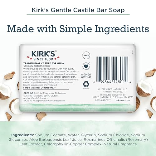 Kirk's Castile Bar Soap Clean Soap for Men, Women & Children | Premium Coconut Oil | Sensitive Skin Formula, Vegan | Soothing Aloe Vera | 4 oz. Bars - 3 Pack